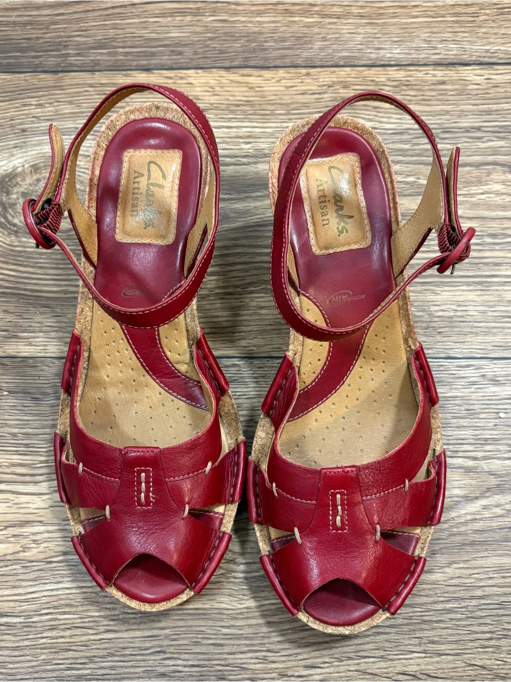 Clarks Artisan Red Leather Cork Wedge Slingback Sandals Buckle 6M - Picture 9 of 10